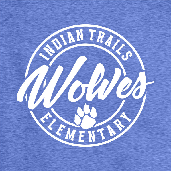 Elementary school spiritwear design featuring a paw print with wolves in bold script in a circle