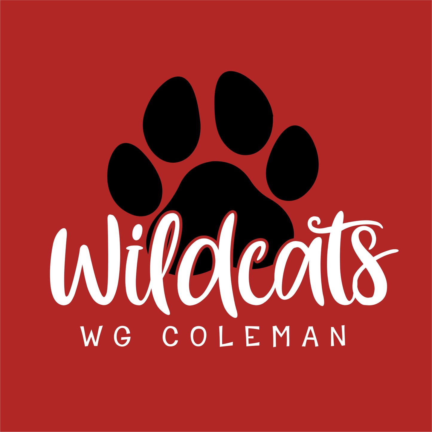 School spiritwear design featuring paw print mascot, scripty lettering and custom school colors