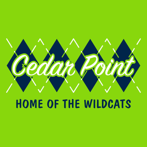 School spiritwear design featuring an argyle print with home of the wildcats message and school colors