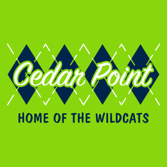 School spiritwear design featuring an argyle print with home of the wildcats message and school colors