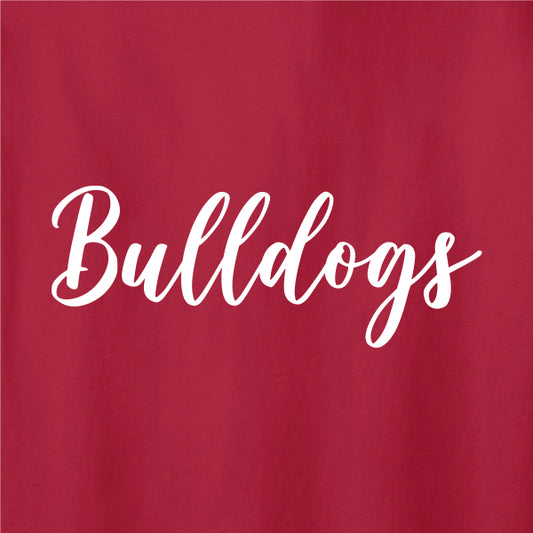 School spiritwear design featuring bulldogs in a cursive font