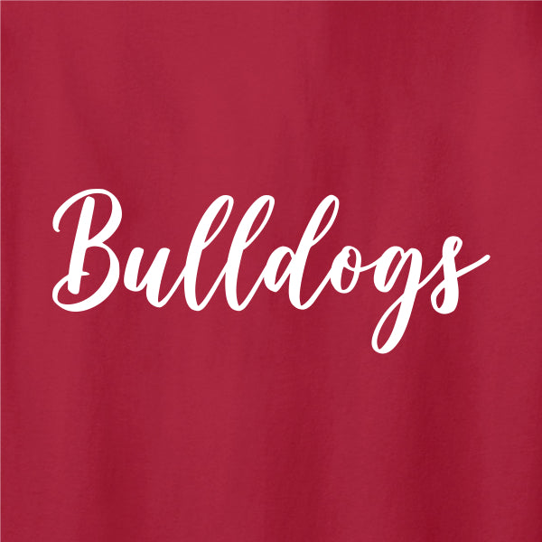 School spiritwear design featuring bulldogs in a cursive font