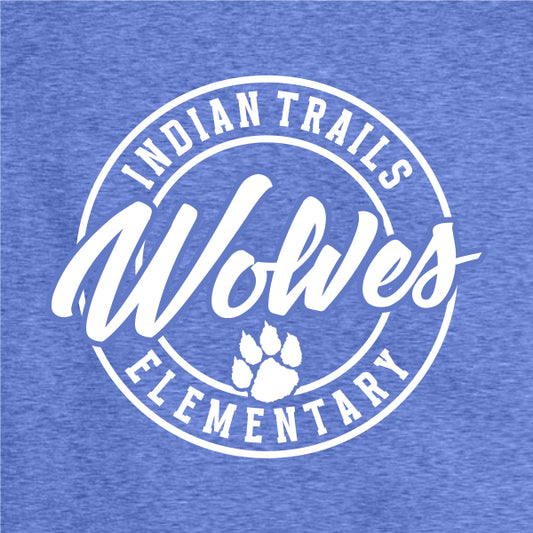 Elementary school spiritwear design featuring  a paw print with wolves in bold script in a circle