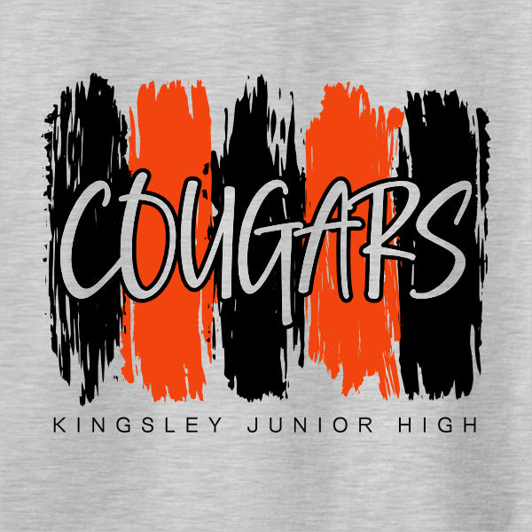 school t-shirt design with paint strokes in different colors with cougars over the top