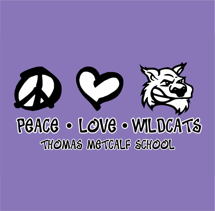 Custom school spiritwear design with peace, love, and mascot theme in school colors