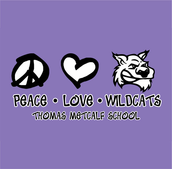 Custom school spiritwear design with peace, love, and mascot theme in school colors
