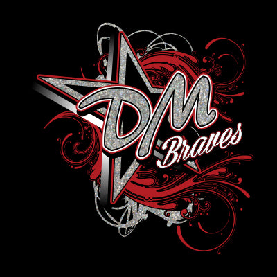 Custom school spiritwear design featuring metallic silver ink, stars, swirls, school name, and bold graphics